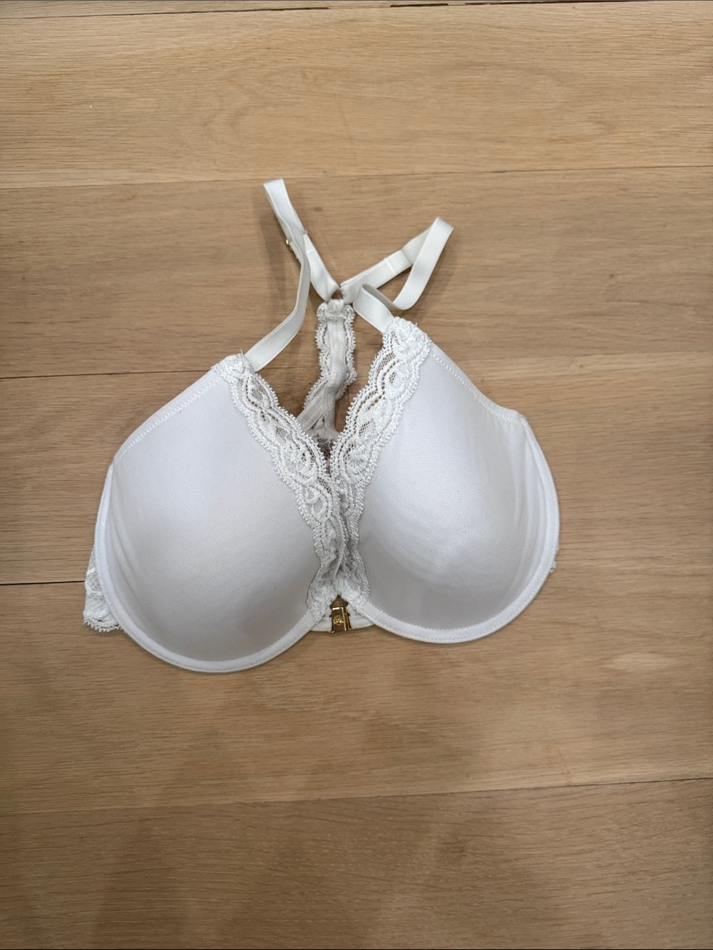 Natori 32DD White Lace-Trim Lined Front Closure Racerback T-Shirt Bra